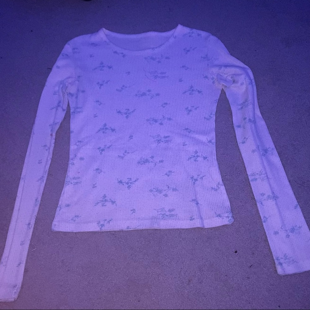 White Long Sleeve with Blue Flowers